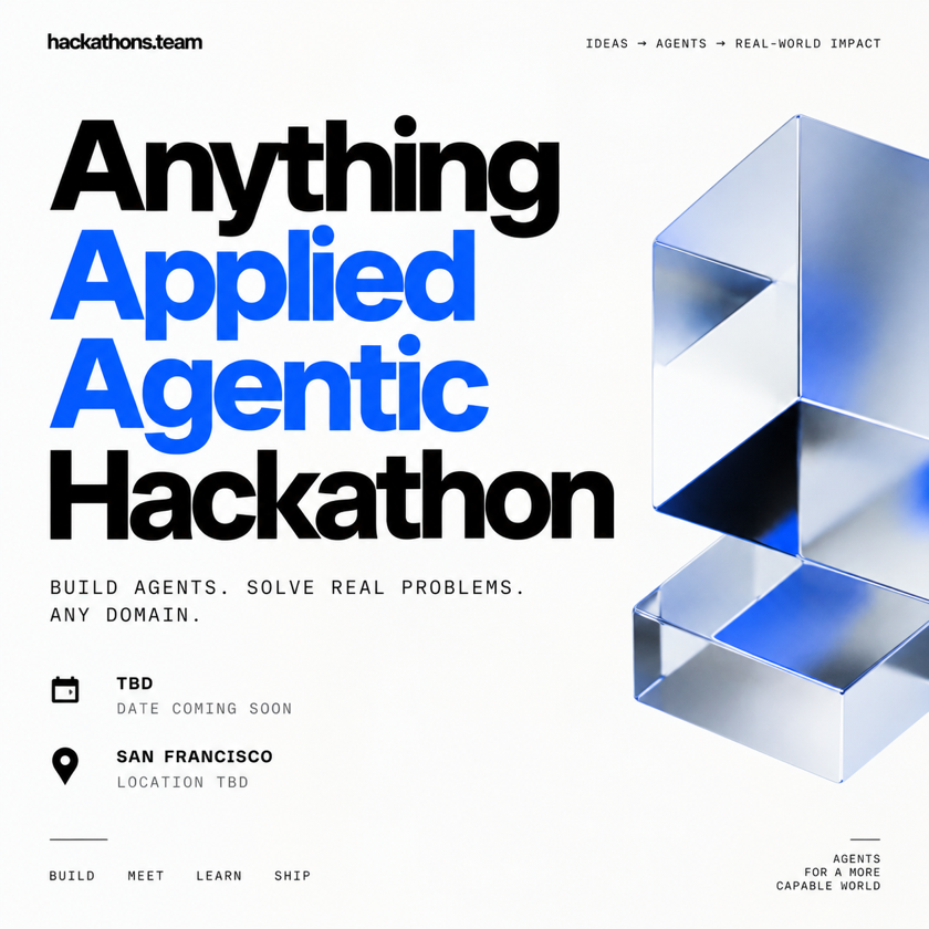 Anything Applied Agentic Hackathon: the title in black and electric blue beside a chrome glass block